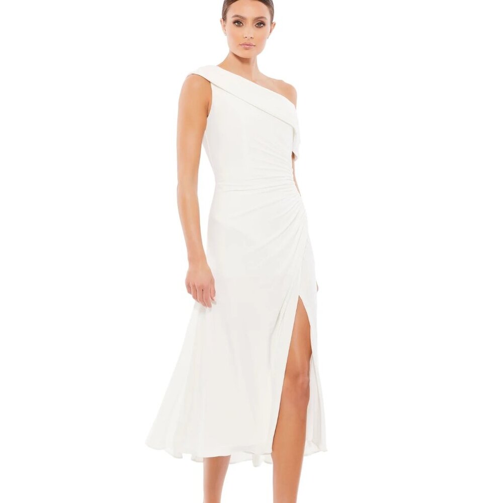 NEW | Mac Duggal 26484 Ruched Off The Shoulder Midi Dress White Size 2